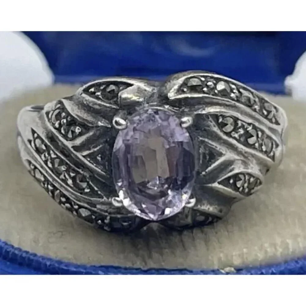 Vintage Art Deco Amethyst Marcasite Ring - Size 9